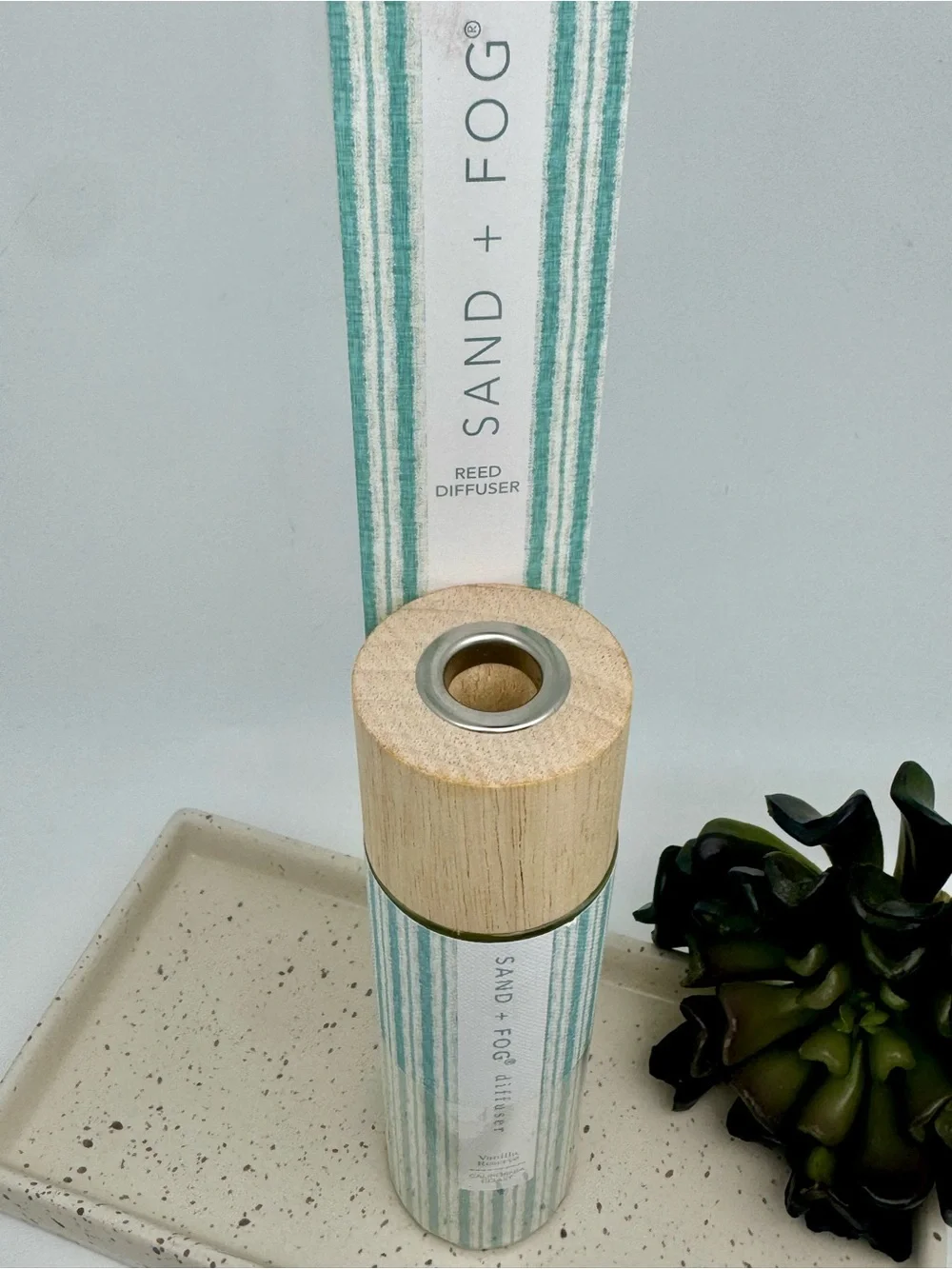 Sand + Fog Vanilla Reed Diffuser in Teal Stripe